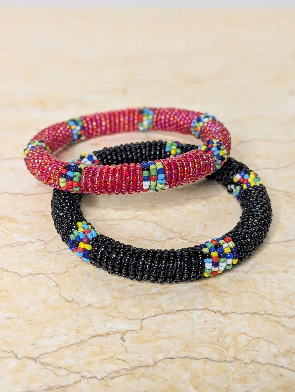 Beaded Bangles Maasai Handmade Red Black Colorful Round Bracelet Set Of 2